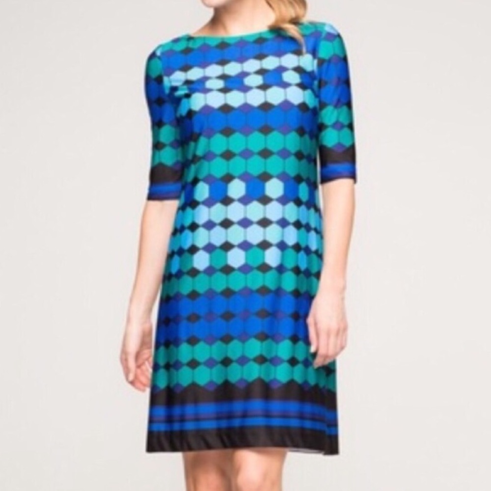 Eliza J Dress Blue and Green Geo Print Gold Zipper